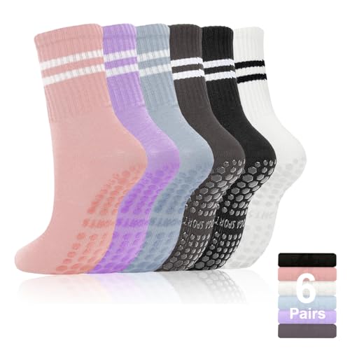 (6 pairs) Pilates Grip Socks For Women Non-Slip (Size 35-40) Non-Slip Socks, Yoga, Gym, Training, Barre, Slippers Breathable, soft Yoga Socks (Black + Pink + Blue + Purple + Grey + White)