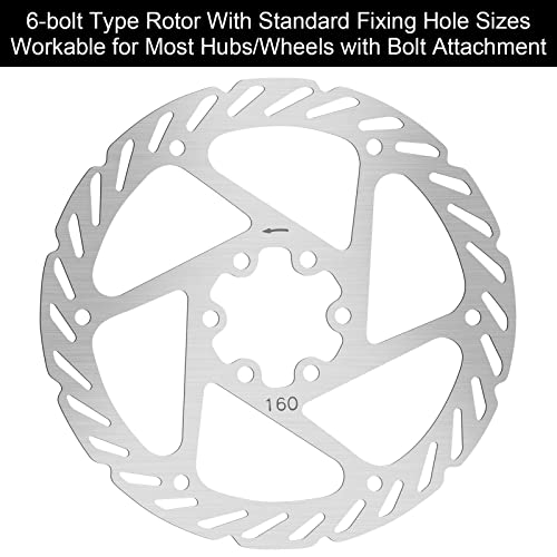 FITTOO Bicycle Bike Disc Brake Rotor, 160mm Stainless Steel Bicycle Rotors with 6 Bolts, Fit for Road Bike, Mountain Bike, MTB, BMX - Rounded（Silver,1PCS Packed）