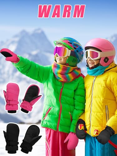 SATINIOR 2 Pairs Kids Snow Mittens Waterproof Winter Ski Gloves Warm Thicken Snow Gloves for Girls Boys (Rose Red, Black, 8-12 Years)