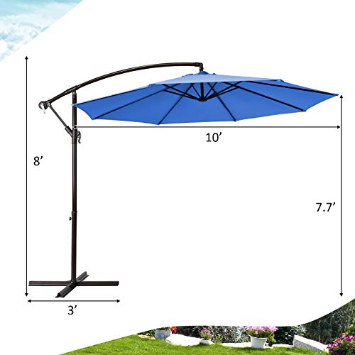 Tangkula 10FT Patio Offset Umbrella, Outdoor Cantilever Umbrella with Easy Tilt Adjustment & 8 Ribs, Hanging Market Umbrella with Crank & Cross Base for Garden, Backyard, Deck, Poolside (Blue)