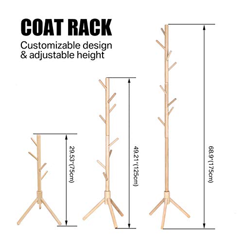 Neween Wooden Coat Rack with 8 Hocks, 3 Adjustable Sizes Free Standing Coat Hanger No Tools Required Handbags, Clothes, Hat Stand for Hallway, Entryway, Bedroom (Beige)