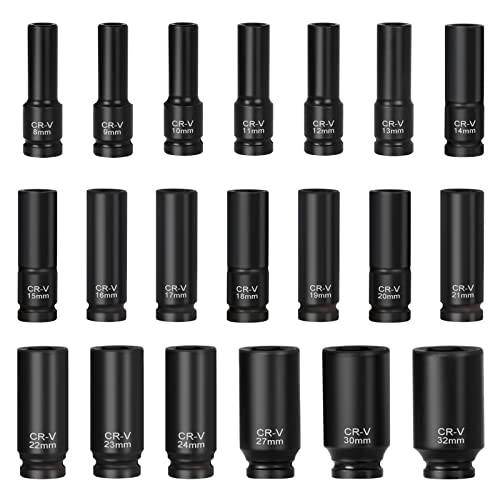 Advwin 1/2" Drive Impact Socket 20 Piece, Deep Impact Socket Set Metric 8-32mm, CR-V, Garage Workshop Tool Set