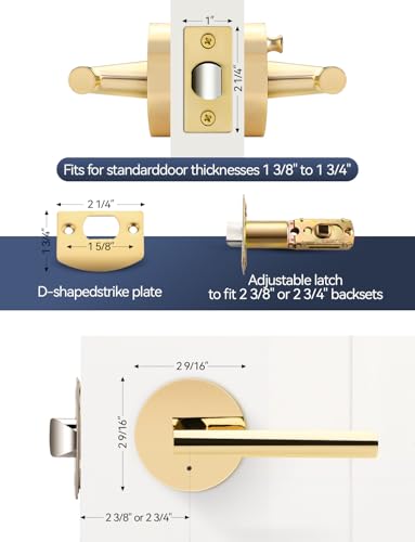 1 Pack Gold Door Handles, Polished Brass Lock without Key, Privacy Door Lever Interior, Door Lever for Bedroom and Bathroom, Heavy Duty, Left or Right Handing