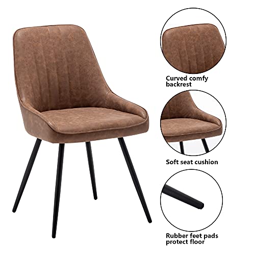 Alunaune Modern Dining Chairs Set of 2 Upholstered Kitchen Chairs Mid Century Armless Leisure Accent Chair Living Room Faux Leather Desk Side Chair with Metal Legs-Brown