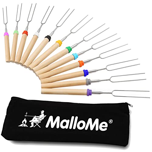 MalloMe Marshmallow Roasting Sticks - Smores Skewers for Fire Pit Kit - Hot Dog Camping Accessories Campfire Marshmellow 32 Inch Long Fork - 12 Pack