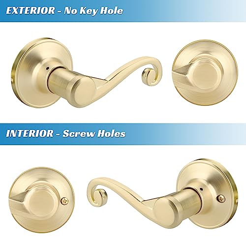 Bonpoly 10 Pack Gold Door Handles, Wave Style Door Lever Passage Door Handle for Hallway and Closet, Keyless Interior Door Levers in Satin Brass Finish, Right Handing