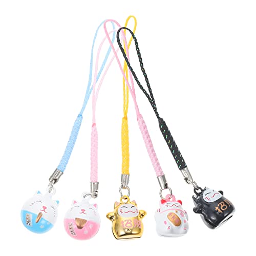 TOYANDONA Japanese Maneki Neko Lucky Cat Mobile Phone Pendant Copper Waving Cat Jingle Bell Mobile Phone Jewellery for DIY Key Chain Car Bag Purse Backpack Lucky Pendant Decoration Pack of 5
