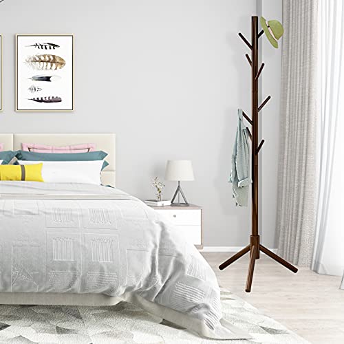 Neween Sturdy Wooden Tree Coat Rack Stand, Adjustable Free Standing Hall Coat Tree with 3 Section & 8 Hooks for Coats, Hats, Bags, Purse, Entryway, Hallway, Easy to Assemble (Brown)