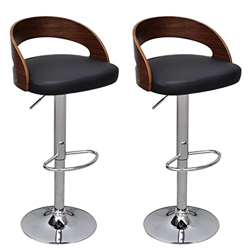 vidaXL Set of 2 Bent Wood Bar Stools - Resistant Faux Leather Upholstery - Height Adjustable - Rotatable - Dark Brown & Black