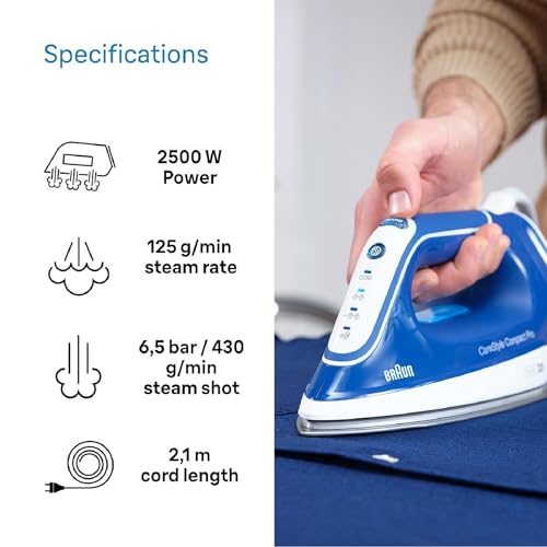 Braun CareStyle Compact Pro IS2565BL, Steam Iron with FreeGlide 3D Technology, iCareMode, Eco and Turbo Modes, Vertical Steaming, Anti-Drip, 1.5L Water Tank, 2400W, Blue