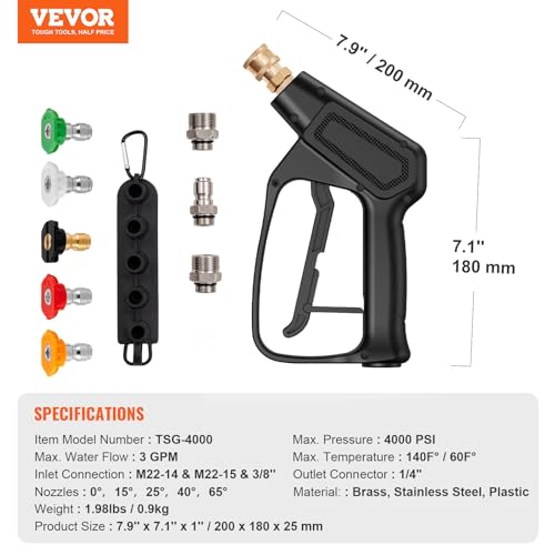 VEVOR Short Pressure Washer Gun, 4000 PSI High Power Washer Spay Gun, M22-14,15mm / 3/8'' Inlet & 1/4'' Outlet, Pressure Washer Handle with 5 Quick Connect Nozzles