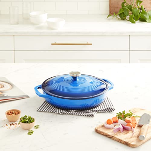 Lodge 3.6 Quart Enameled Cast Iron Oval Casserole with Lid – Dual Handles – Oven Safe up to 500° F or on Stovetop - Use to Marinate, Cook, Bake, Refrigerate and Serve – Caribbean Blue