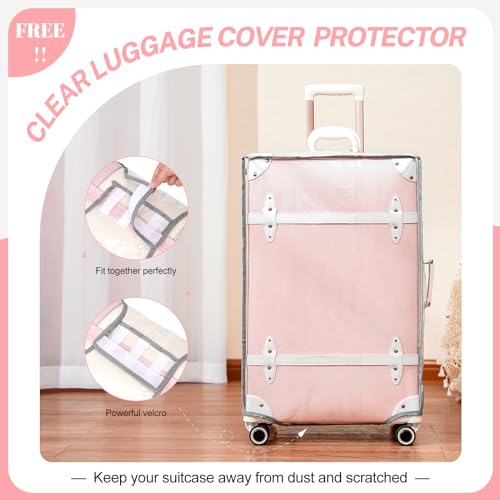 NZBZ Vintage Luggage set Carry on Cute Suitcase with Rolling Spinner Wheels TSA Lock Luggage 3 Pieces, Pink, 20inch & 24inch & 28inch, Zipper Vintage Luggage