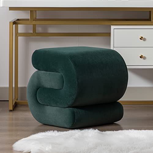 KIVENJAJA Velvet Vanity Stool, Modern S-Shaped Pouf Ottoman Footrest Makeup Chair Foot Stool Under Desk, Decorative Floor Seat for Makeup Room, Bedroom, Living Room (Dark Green)