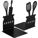 Black Kitchen Bookends 5.9 x 3.9 x 3.9 Inch Spoon Decorative Cookbook Metal Book Ends with Non-Slip Mat Metal Cookbook Storage Books Stoppers Metal Kitchen Cookbook Holder for Shelves Kitchen Book