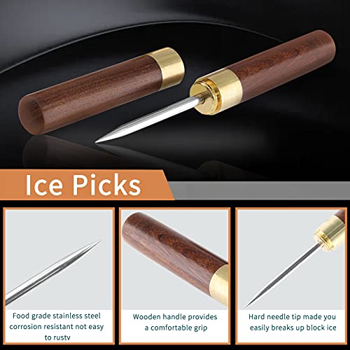 Zorfeter 6.8" Ice Picks, Stainless Steel Ice Crusher Portable Ice Tool with Wood Handle & Safety Cover, for Kitchen, Bar, Bartender, Restaurant, Pack of 2