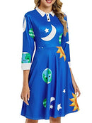 ZEZCLO Women's Long Sleeve Peter Pan Collar A-line Dress Halloween Costume Vintage Solar System Fit and Flare Dresses, Blue, Medium