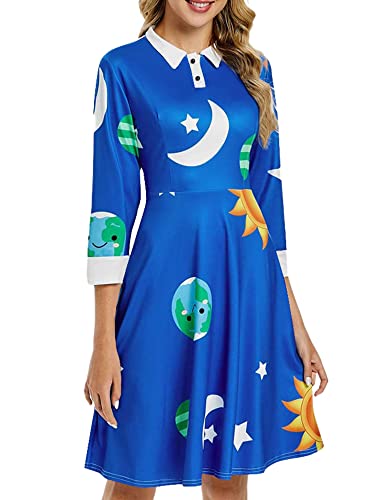 ZEZCLO Women's Long Sleeve Peter Pan Collar A-line Dress Halloween Costume Vintage Solar System Fit and Flare Dresses, Blue, Medium