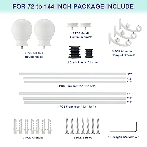 Lwiiom Double Curtain Rods with Aluminum Bouquet Brackets and Round Finials,Matte White Curtain Rods for Windows 72 to 144 inch,1-Inches Front and 5/8 Inches Back Double Window Drapery Rod for