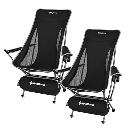 KingCamp Compact Camping Chairs for Adults Ultralight High Back Folding Portable Lawn Light Weight Outdoor with Armrest, Side Pocket, Headrast, Carry Bag, Support 265 Lbs, 2 Pack, Black-2 Pack