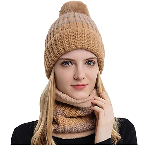 iDopick 2 Pack Womens Slouchy Winter Beanie Hats Scarf Set,Warm Fleece Lined Knit Hat with Neck Warmer Ski Hat Beanie for Women (Khaki)