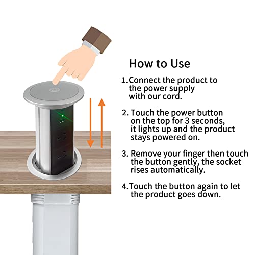 ZESHAN Intelligen pop up Power Outlet Australia Power Tower pop up with Wireless Charger, 2 AU pulgs 1 USB C Charger for Kitchen Counter, Conference Room, Silver