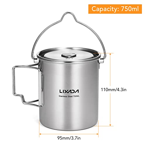 Lixada Camping Cup Pot,750ml Stainless Steel Water Cup Mug with Foldable Handles and Lid for Outdoor Camping Hiking Backpacking