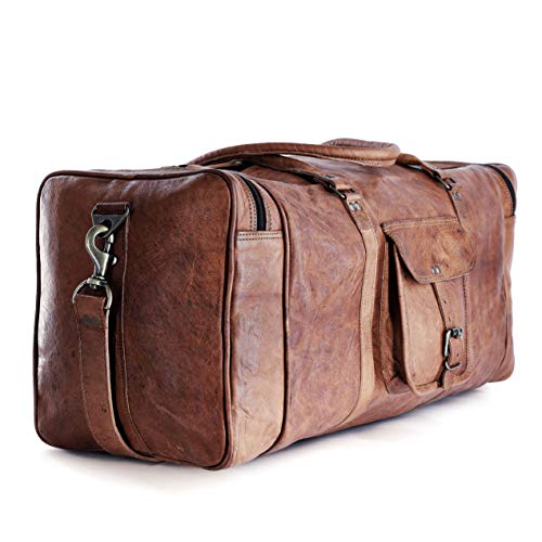 Leather Duffle Bags Large 24 Inch Square Duffel Travel Gym Sports Overnight Weekender Leather Bag for Men and Women by KPL