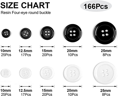 Round Sewing Buttons 160Pcs with Storage Box, Black White Mixed 4-Hole Craft Buttons, 5 Sizes Resin Button, Shirt Clothing Buttons, Suitable for Variety Clothing Sewing, Pillow Cases Sewing