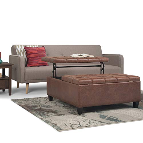 SIMPLIHOME Harrison 36 inch Wide Square Coffee Table Lift Top Storage Ottoman in Upholstered Distressed Umber Brown Tufted Faux Leather for the Living Room,