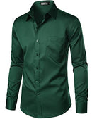 ZEROYAA Men's Urban Stylish Casual Business Slim Fit Long Sleeve Button Up Dress Shirt with Pocket, Dark Green, Small