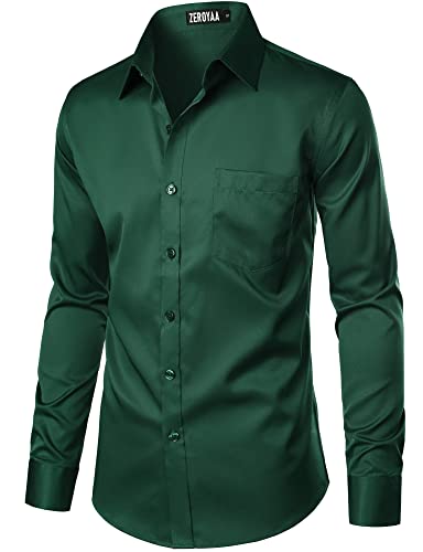 ZEROYAA Men's Urban Stylish Casual Business Slim Fit Long Sleeve Button Up Dress Shirt with Pocket, Dark Green, Small
