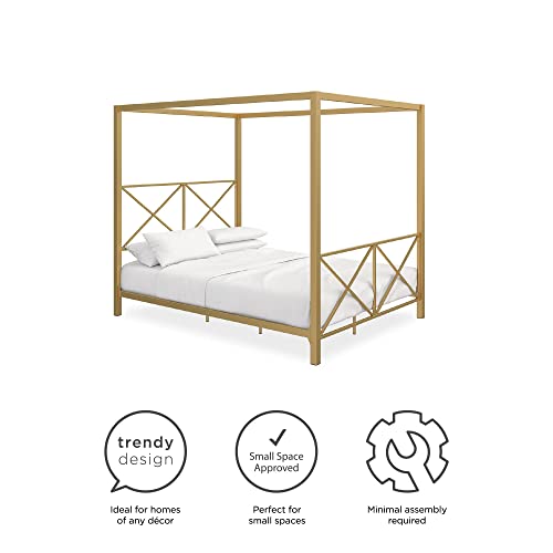 DHP Rosedale Metal Canopy Bed Frame with Four Poster Design and Geometric Accented Headboard and Footboard, Underbed Storage Space, Queen, Gold