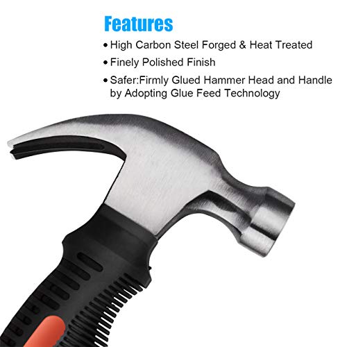 ZUZUAN 2 Piece Hammer Set,includes 1 Pack 8 OZ Mini Stubby Claw Hammer and 1 Pack 16 OZ Fiberglass General Purpose Claw Hammer,Soft Nonslip Handle & Heat Treated Head,Heavier for Higher Hardness