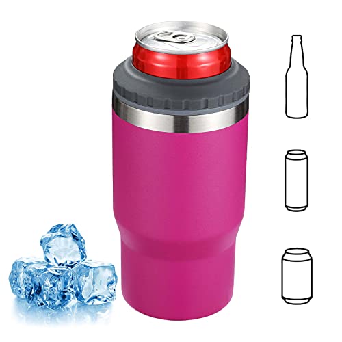 4 in 1 Beer Cooler, Stainless Steel Bottle and Can Insulator for 12oz Standard Cans, Slim Cans and Beer Bottles, or as a 14oz Coffee Mug with lid (Rose red)