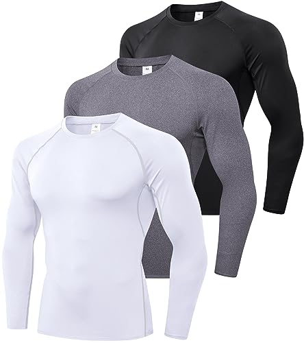 Men's Compression Shirts Longs Sleeve Workout Gym T-Shirt Running Tops Cool Dry Sports Base Layer Athletic Undershirts, Black+white+f Grey, X-Large