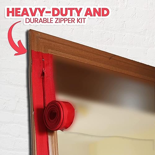 (4-Pack) Heavy-Duty Dust Protector Zipper (Red) - Self-Adhesive Instant Door Zipper - 7 Ft Long x 3 in Wide Zipper - Includes 4 Zippers and Plastic Sheeting Cutter Accessories