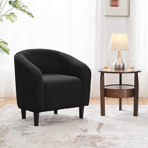 Yaheetech Accent Barrel Chair, Boucle Fabric Club Chair, Furry Sherpa Elegant Armchair with Cozy Soft Padded, Suitable for Living Room Bedroom Reception Room Office, Black