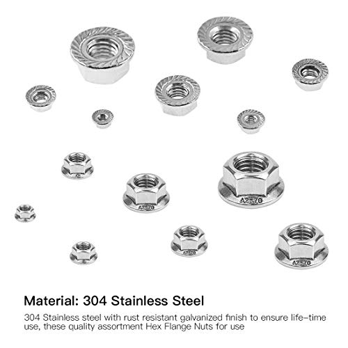 Swpeet 165Pcs 304 Stainless Steel Serrated Metric Flange Nuts Hex Lock Nuts Assortment Kit, 7 Sizes - M3 M4 M5 M6 M8 M10 M12 B07H9ZMJYZ B07H9ZMJYZ B07JHW8WZJ