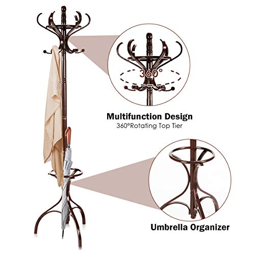 Wooden Coat Rack, Coat Stand w/ Umbrella Holder & 12 Hooks, 360°Rotating Top Tier, Sturdy Triangle Construction, Hat & Clothes Storage, Coat Hanger Tree for Entryway Living Room, 180CM (Red-Brown)