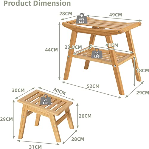 Giantex 2PCS Shower Seat Bench with Foot Stool, Bamboo Foot Rest Stand for Shaving Legs and Pedicure, Non-Slip Shower Stool Set with Underneath Storage Shelf for Home Bathroom Indoor Outdoor, Natural