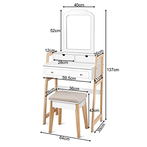 Giantex Vanity Set, Makeup Vanity Table w/ 3 Drawers & 2-tier Tabletop, Cosmetic Organizer w/Large Mirror & Cushioned Stool, Bedroom and Study Room Furniture for Women & Girls