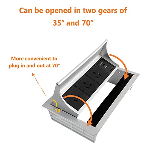 ZESHAN Pull up pop up Power Desk Power Board with Two Angle Opening,3 Power Plugs,1 USB C Charger Port,1.5M Power Extension Cord Silver for Home Office Conference Room