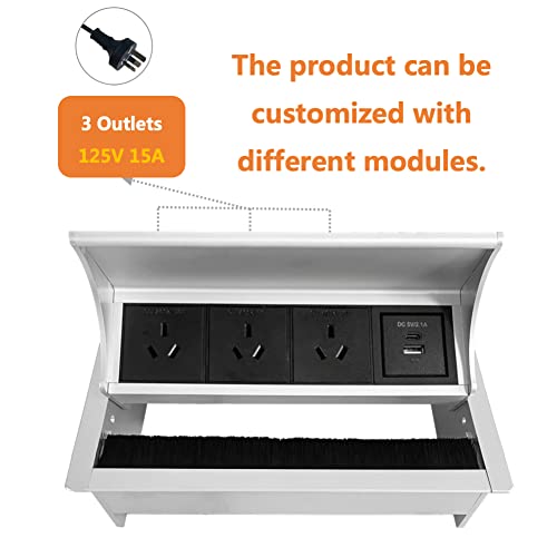 ZESHAN Pull up pop up Power Desk Power Board with Two Angle Opening,3 Power Plugs,1 USB C Charger Port,1.5M Power Extension Cord Silver for Home Office Conference Room