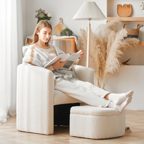 COLAMY Upholstered Sherpa Barrel Accent Chair with Storage Ottoman, Morden Living Room Side Chair, Single Sofa Armchair with Lounge Seat for Bedroom/Office/Reading Spaces, Beige