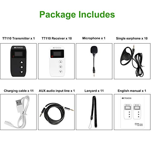 Case of 1 Transmitter 10 Receivers, Retekess TT110 Tour Guide System, Magnetic Charging, 328ft Range, Simultaneous Translation Equipment, Translator Device for Church, Factory, Tour