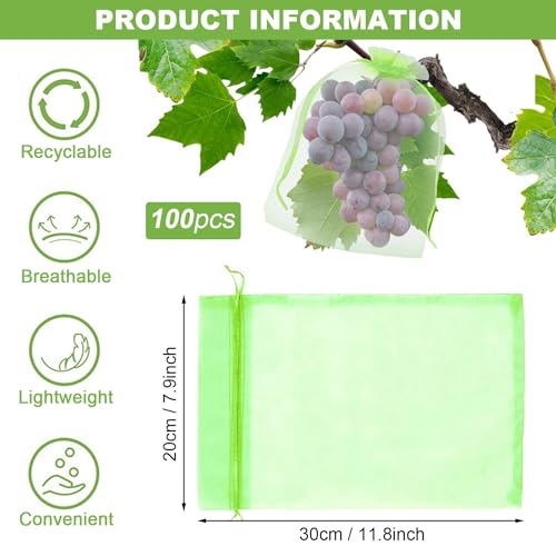 100 Pcs Fruit Protect Bags,Fruit Cover Mesh Bag with Drawstring,Reusable Mesh Garden Netting Protection Bags for Protecting Fruit Tree,Plants,Vegetables from Birds and Insects