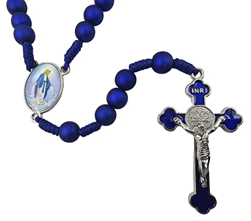 TALISMAN4U Deep Blue Rosary Beads Catholic Prayer Necklace with Saint Benedict Crucifix Our Lady of Grace Medal Religious Gift Rosary Pouch, Acrylic, No Gemstone