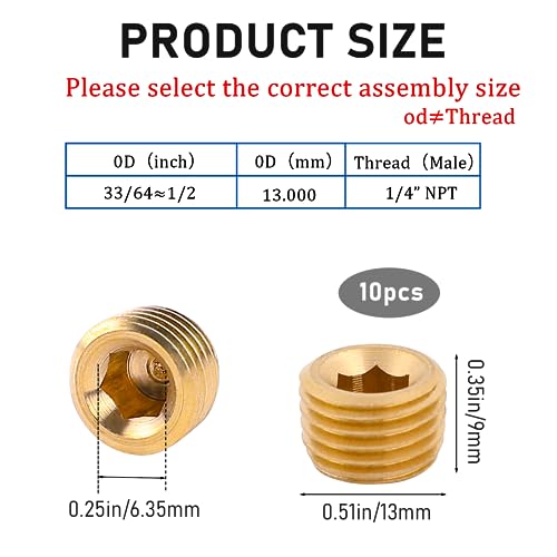 10 PCS 1/4" NPT Male Pipe Plug Fitting Set Brass Hex Counter Sunk Pipe Plug for Closing the End of Pipe, Internal Hex Socket Thread Socket Pipe Plug Kit