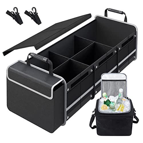 Versatile Car Trunk Organiser with Insulated Cooler Bag - Waterproof, Foldable Cover, Adjustable Straps - Ideal Car Accessories and Boot Organiser (Black, 4-in-1 w/Cooler)